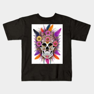 skull with flower and feathers Kids T-Shirt